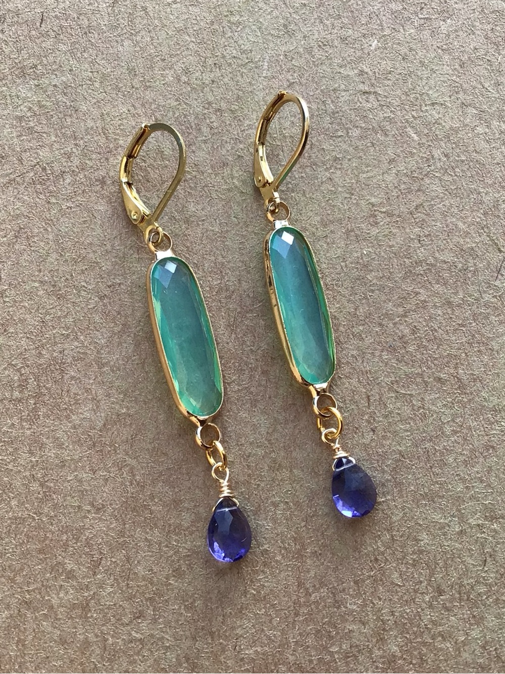 Blue mint chalcedony bezel tanzanite quartz gold plated Earrings - Picture 10 of 13